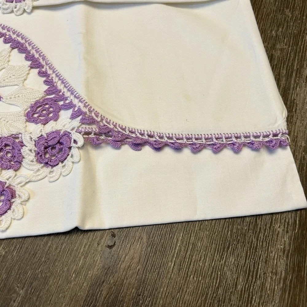 Vtg Stevens Mohawk Cotton Linens 4pc Hand Crochet Purple Floral Pillowcase Shams